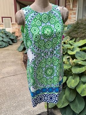 London Times Lime Green and Blue Floral-Print Dress